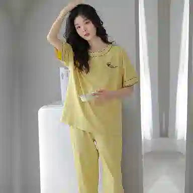 贴身领域 爱心印花圆领短袖格子长裤薄款休闲可外穿家居服睡衣套装 女款 黄色