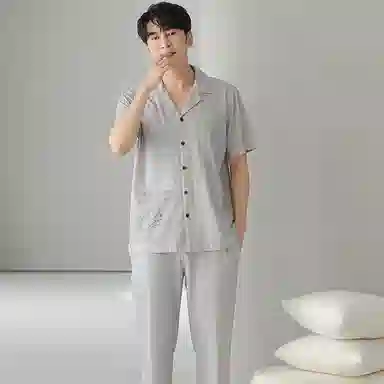 贴身领域 卡通熊印花短袖条纹长裤带口袋薄款休闲可外穿家居服睡衣套装 男款 灰色