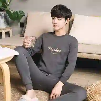 贴身领域 圆领可外穿加厚加绒印花冬季青年内衣保暖套装 男款