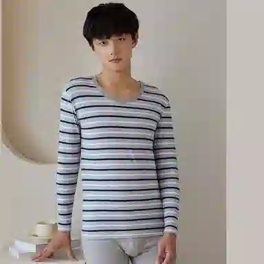 贴身领域 纯棉青少年秋衣条纹薄款可外穿长袖长裤内衣保暖套装 男款