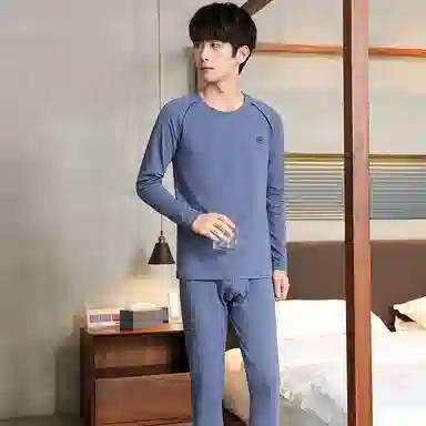 贴身领域 纯棉时尚可外穿圆领抗菌长袖秋衣秋裤打底衫青少年青年保暖内衣套装 男款