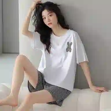 贴身领域 圆领简约舒适短袖上衣松紧腰三分裤睡衣套装 女款 白色