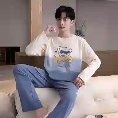贴身领域 圆领简约上衣松紧腰卡通长裤睡衣套装 男款