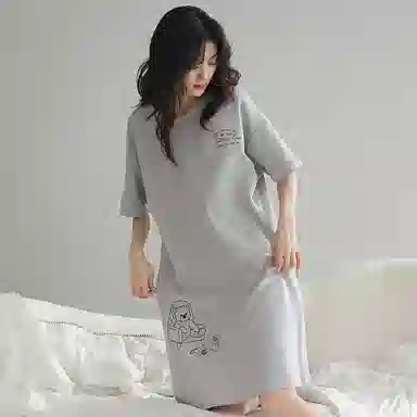 贴身领域 卡通熊印花华夫格薄款纯棉圆领套头短袖休闲可外穿睡衣睡裙 女款 灰色