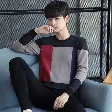 贴身领域 加绒加厚圆领内衣时尚可外穿秋衣秋裤青年保暖套装 男款