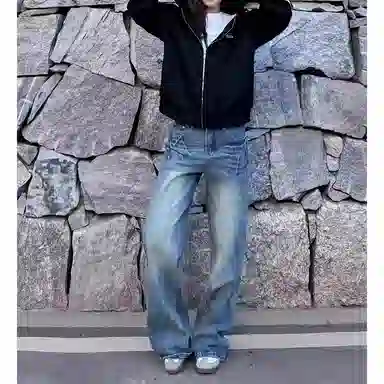 拓菲 美式高街水洗做旧闪电纹多版型舒适休闲牛仔裤 男女同款