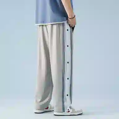 沐诚阳译 侧边全开排扣撞色条纹高街痞帅美式复古宽松显高显瘦休闲裤 男女同款