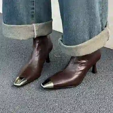 羊皮 法式金属拼色方头休闲时尚潮流 短靴 女款