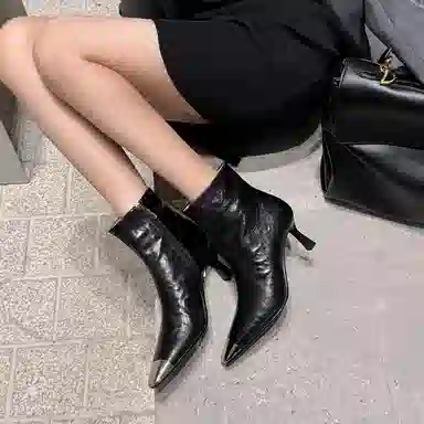 羊皮 法式金属拼色方头休闲时尚潮流 短靴 女款