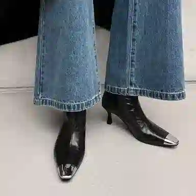 羊皮 法式金属拼色方头休闲时尚潮流 短靴 女款