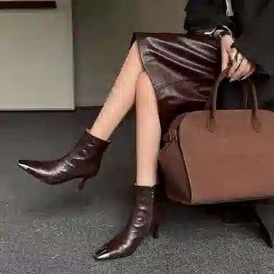 羊皮 法式金属拼色方头休闲时尚潮流 短靴 女款