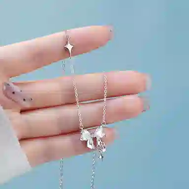 【纯银999 | 蝴蝶结造型】 琉堇 甜美温柔蝴蝶结吊坠 少女心森系小清新纯银颈链 梦幻灵动闪闪甜妹星星锁骨链 足银 项链 女款 告白礼盒