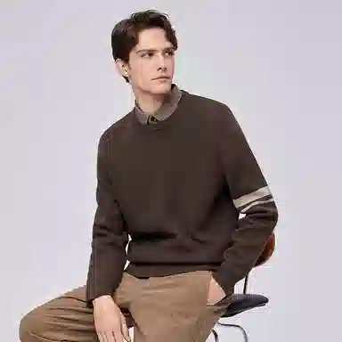 与狼共舞 羊毛加绒保暖锁温石墨烯科技时尚假两件条纹翻领针织毛衣 男款