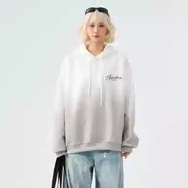 棉致 美式高街渐变色手绘花体签名字母涂鸦星星印花宽松休闲通勤百搭落肩套头长袖连帽卫衣 男女同款