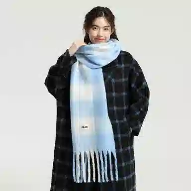 匹克 流苏千鸟格 加绒加厚运动骑行户外御寒防风 防寒保暖英伦风渐变 聚酯纤维 绒线围巾 男女同款情侣款 蓝色