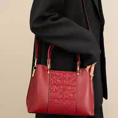 维尼奥 新中式刺绣高级感百搭大容量气质妈妈包通勤 合成革 手提包单肩斜挎 中号 女款 黑色/杏色/红色/蓝色