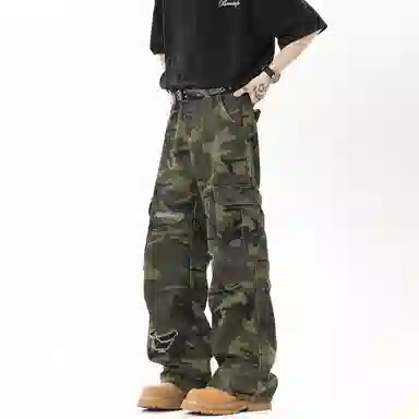 沐诚阳译 美式工装高街复古迷彩破洞直筒阔腿垂感百搭休闲设计牛仔裤 男女同款 军绿色色调