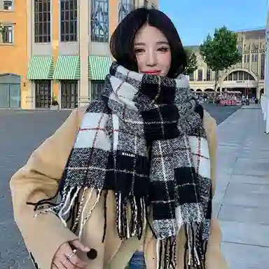 木林森 撞色条纹格子仿羊绒高级感围巾经典复古保暖加厚彩色流苏围脖  围巾 男女同款情侣款