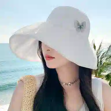 木林森 夏季遮阳超仙蝴蝶大帽檐遮脸渔夫帽优雅气质海边度假扎马尾空顶 棉 防晒帽 女款