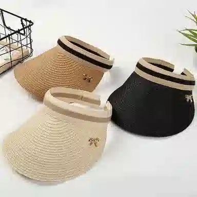 木林森 空顶沙滩草帽出游户外休闲蝴蝶结遮阳帽子 涤纶 防晒帽 女款