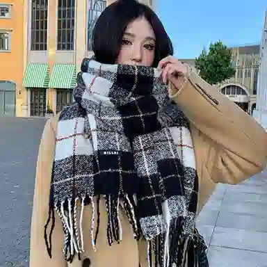 木林森 撞色条纹格子仿羊绒高级感围巾经典复古保暖加厚彩色流苏围脖  围巾 男女同款情侣款