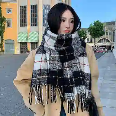 木林森 撞色条纹格子仿羊绒高级感围巾经典复古保暖加厚彩色流苏围脖  围巾 男女同款情侣款