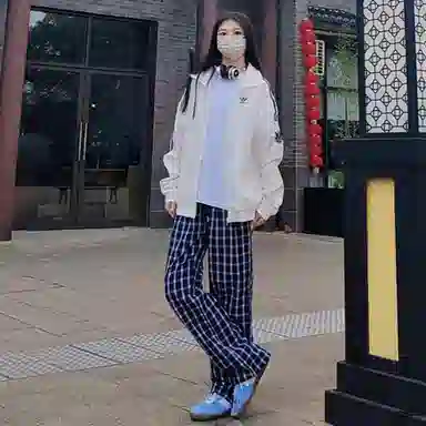 虫小绿 学院风高腰慵懒垂感百搭格子通勤长裤休闲裤 男女同款