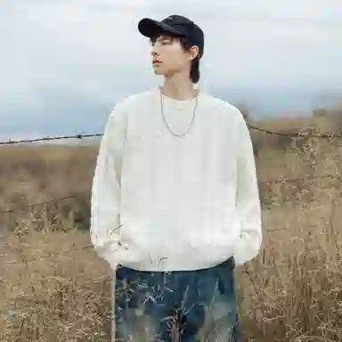 悍戈 纯色复古绞花圆领慵懒风透气保暖百搭长袖套头衫针织衫 男女同款