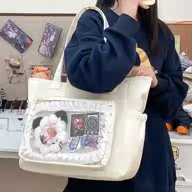 單倉 大食量痛包手提简约通勤二次元透明娃包大容量学生电脑包 尼龙 单肩包 大号 女款 白色/黑色/黄色/蓝色