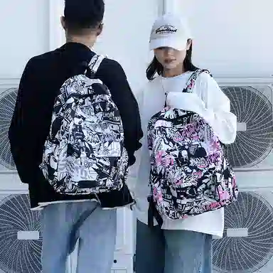 單倉 涂鸦漫画大容量潮流时尚百搭通勤 尼龙 双肩包 常规 男女同款情侣款 多色
