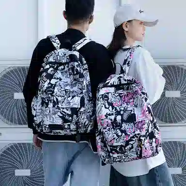 單倉 涂鸦漫画大容量潮流时尚百搭通勤 尼龙 双肩包 常规 男女同款情侣款 多色