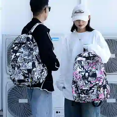 單倉 涂鸦漫画大容量潮流时尚百搭通勤 尼龙 双肩包 常规 男女同款情侣款 多色