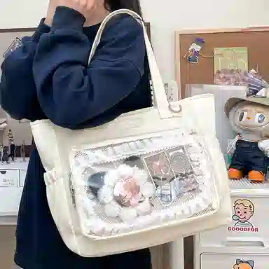 單倉 大食量痛包手提简约通勤二次元透明娃包大容量学生电脑包 尼龙 单肩包 大号 女款 白色/黑色/黄色/蓝色