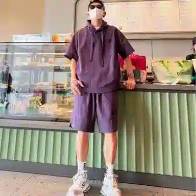 沐诚阳译 美式高街复古连帽短袖与五分裤宽松透气百搭组合轻薄速干上衣简约潮牌通勤户外垂感纯色休闲运动套装 男女同款