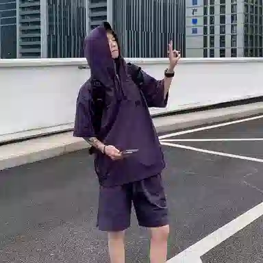 沐诚阳译 美式高街复古连帽短袖与五分裤宽松透气百搭组合轻薄速干上衣简约潮牌通勤户外垂感纯色休闲运动套装 男女同款