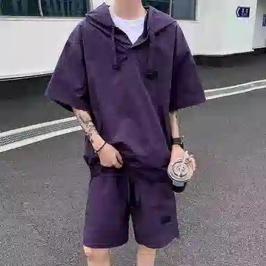 沐诚阳译 美式高街复古连帽短袖与五分裤宽松透气百搭组合轻薄速干上衣简约潮牌通勤户外垂感纯色休闲运动套装 男女同款