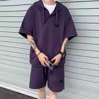 沐诚阳译 美式高街复古连帽短袖与五分裤宽松透气百搭组合轻薄速干上衣简约潮牌通勤户外垂感纯色休闲运动套装 男女同款