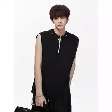 夏季美式高街风复古圆领套头与拉链无袖百搭纯色款式背心 男款