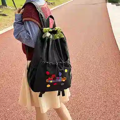 卡卡树 轻便休闲抽绳大容量通勤百搭 尼龙 双肩包 男女同款情侣款 黑色/黄色/卡其色/绿色