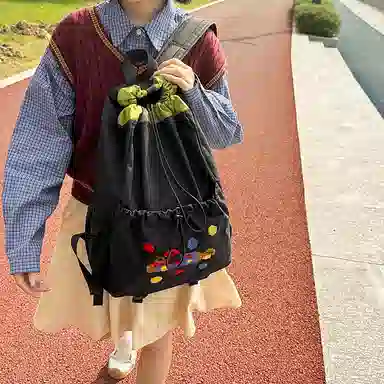 卡卡树 轻便休闲抽绳大容量通勤百搭 尼龙 双肩包 男女同款情侣款 黑色/黄色/卡其色/绿色