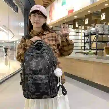 卡卡树 简约时尚印花 尼龙 双肩包 男女同款情侣款 米白色/黑色/绿色