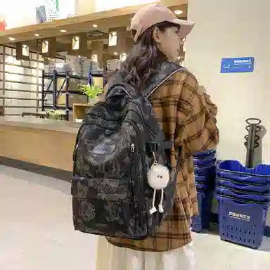 卡卡树 简约时尚印花 尼龙 双肩包 男女同款情侣款 米白色/黑色/绿色