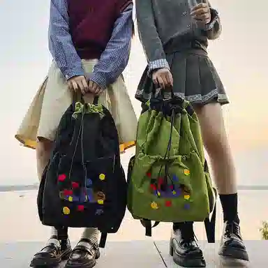 卡卡树 轻便休闲抽绳大容量通勤百搭 尼龙 双肩包 男女同款情侣款 黑色/黄色/卡其色/绿色