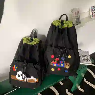 卡卡树 轻便休闲抽绳大容量通勤百搭 尼龙 双肩包 男女同款情侣款 黑色/黄色/卡其色/绿色