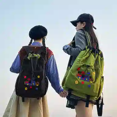 卡卡树 轻便休闲抽绳大容量通勤百搭 尼龙 双肩包 男女同款情侣款 黑色/黄色/卡其色/绿色