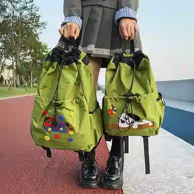 卡卡树 轻便休闲抽绳大容量通勤百搭 尼龙 双肩包 男女同款情侣款 黑色/黄色/卡其色/绿色