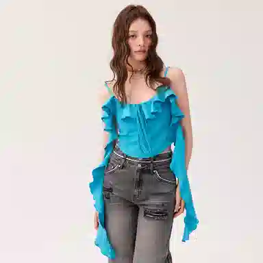 CHUU Asymmetric Ruffle Tie Tank Top