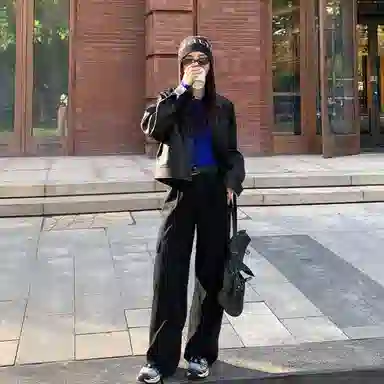 木清清 纯色高腰宽松工装裤 女款 黑色