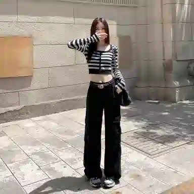 木清清 纯色高腰宽松工装裤 女款 黑色