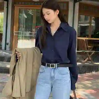 木清清 纯色翻领落肩长袖衬衫 女款 深蓝